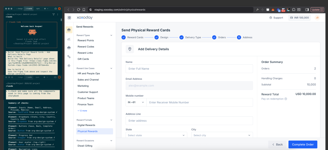 Claude Code terminal alongside the Xoxoday Send Physical Reward Cards page pushed to staging